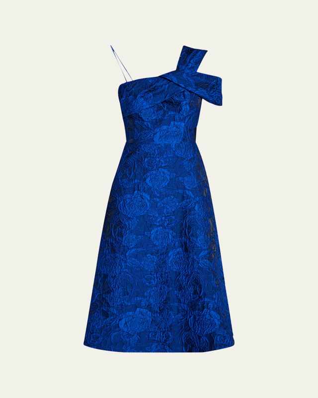 One-Shoulder Floral Jacquard Midi Dress